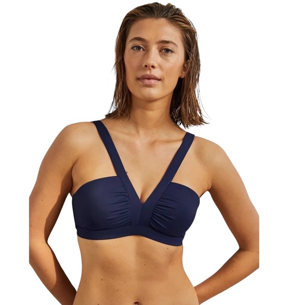 Boden NWT Corsica Navy Blue Ruched V-Neck Bikini Top Swimwear‎ Size 8 NEW